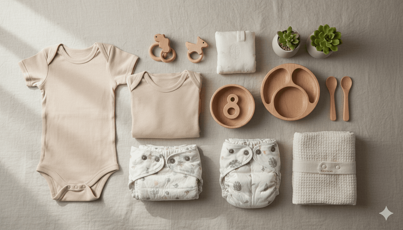 Jeune maman préparant une liste de naissance écologique avec des produits durables pour bébé