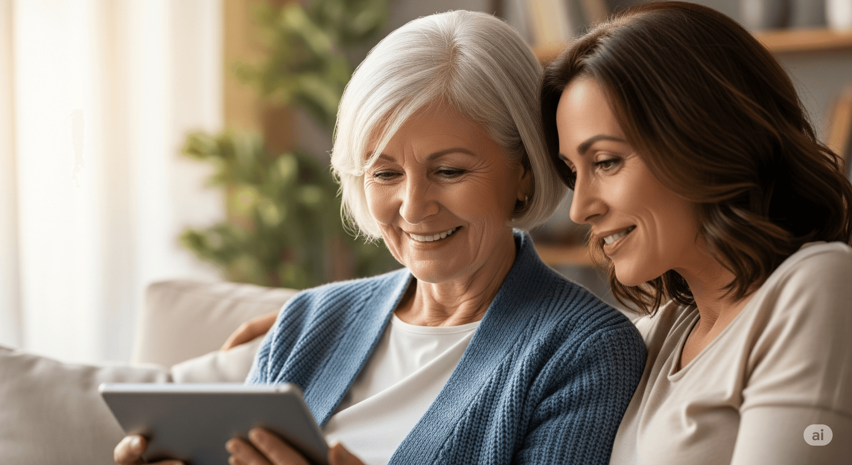 Grand-mère souriante utilisant facilement une liste de naissance sur tablette