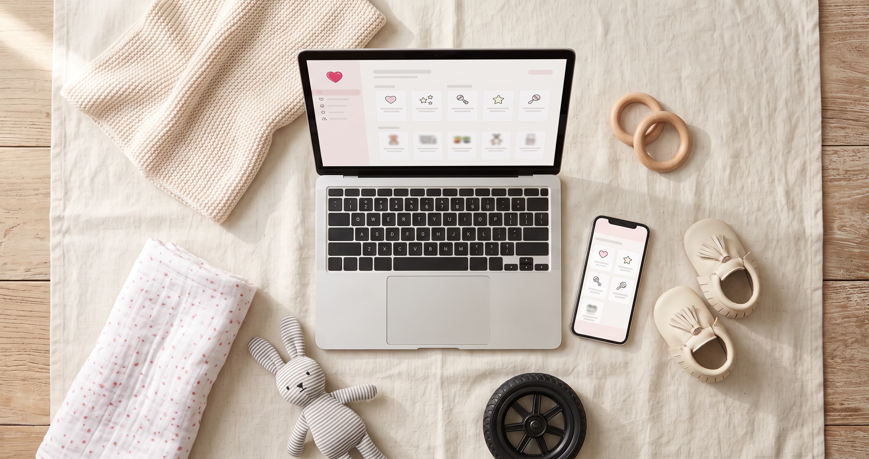 Parents composant une liste de naissance en ajoutant des produits depuis plusieurs boutiques en ligne différentes