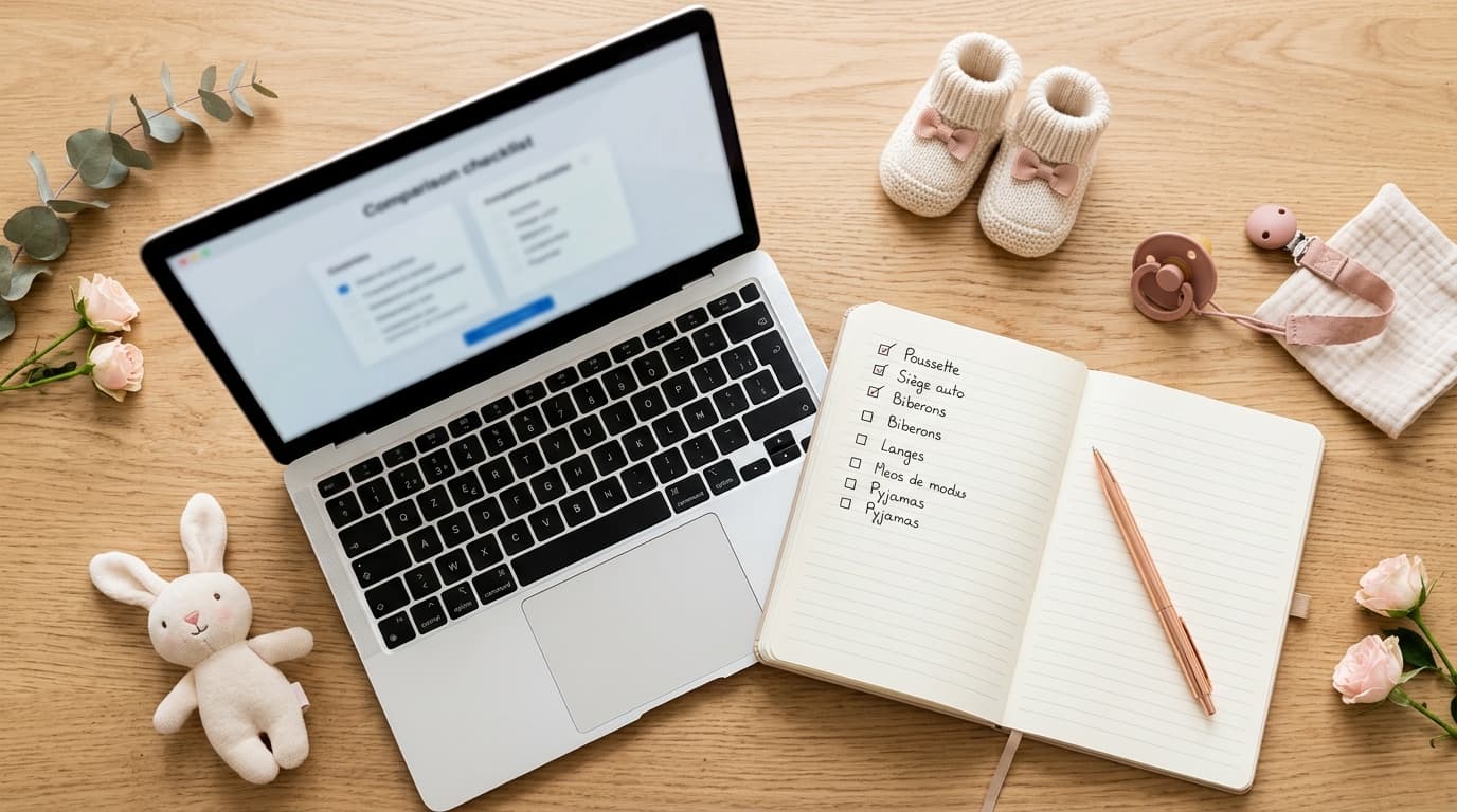 Future maman comparant des plateformes de liste de naissance sur son ordinateur