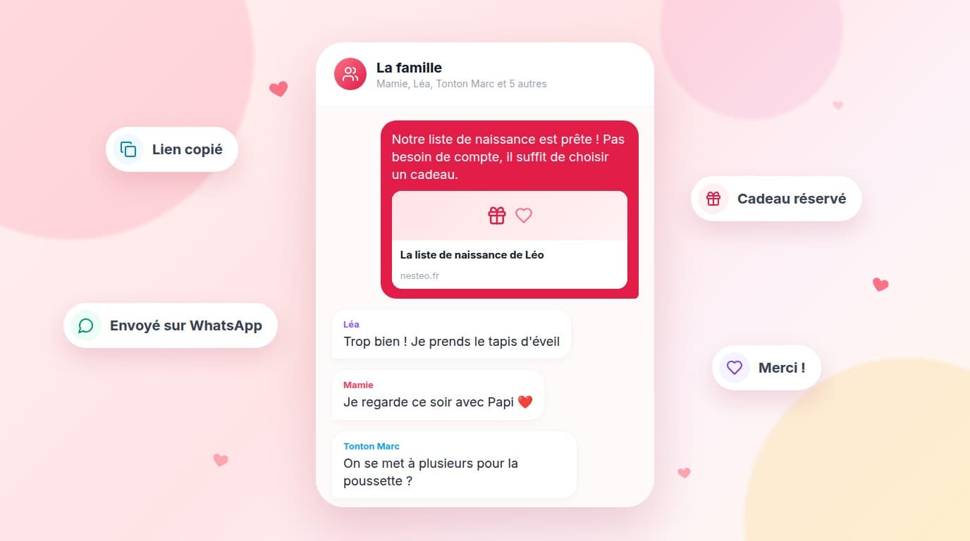 Illustration d'une conversation de groupe où des parents partagent le lien de leur liste de naissance et reçoivent les réponses enthousiastes de leurs proches