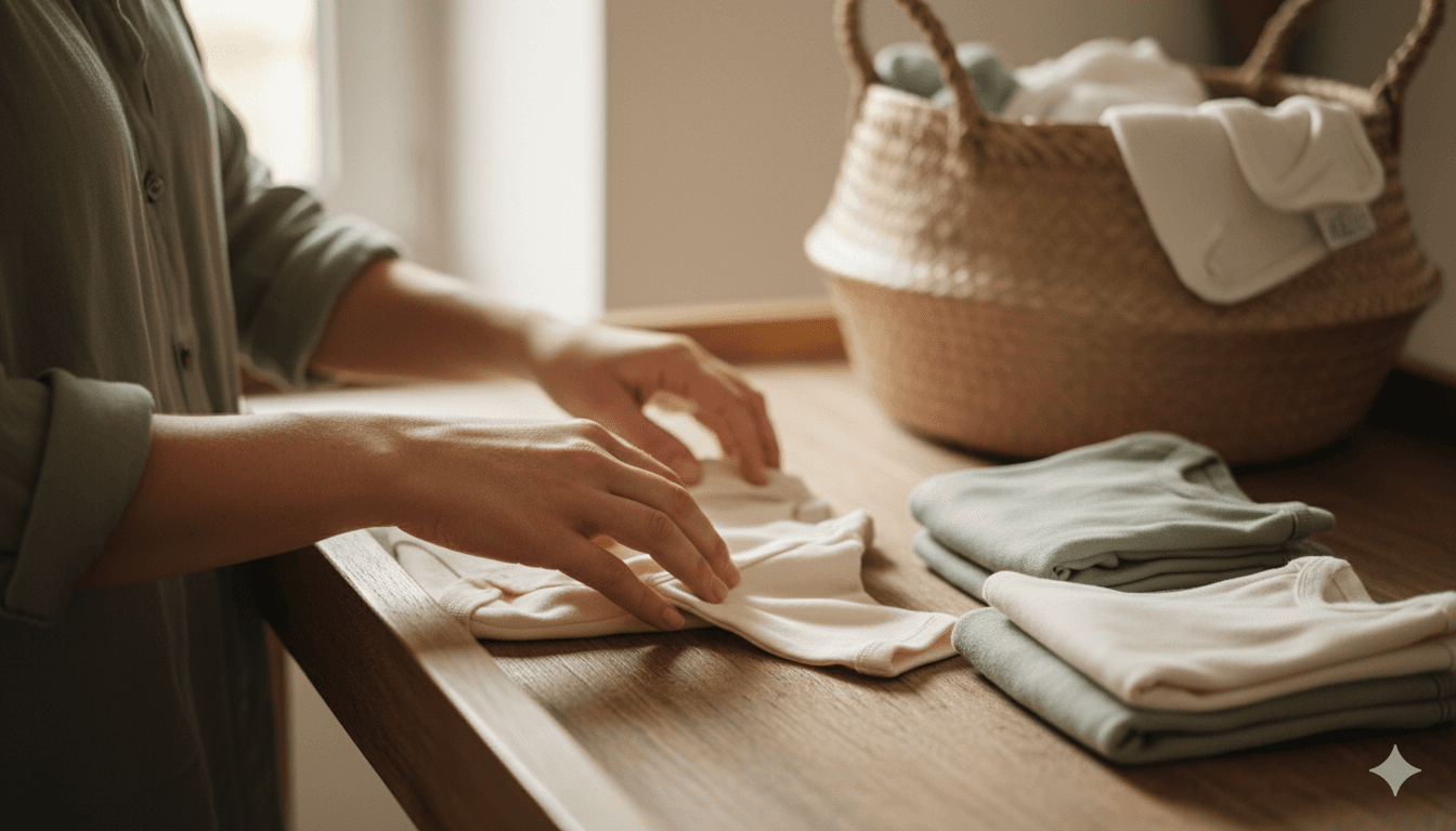 Maman préparant des vêtements en coton bio pour son bébé sur une table à langer en bois