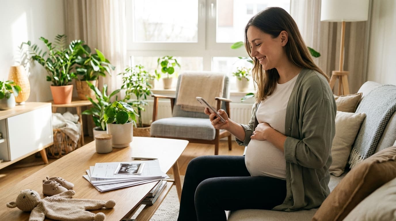 Futurs parents consultant les aides CAF pour la naissance de leur bébé
