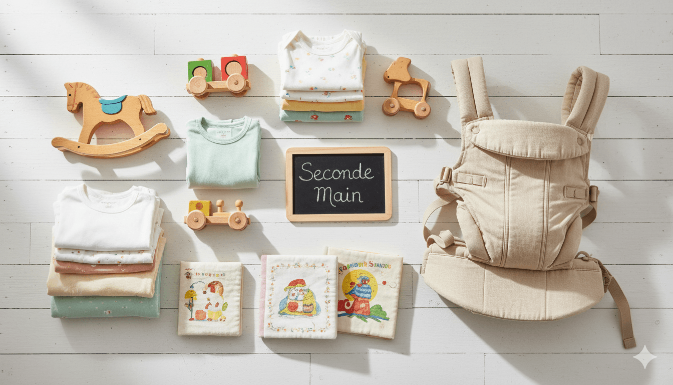 Collection de vêtements et jouets bébé de seconde main en excellent état disposés sur un sol en bois blanc
