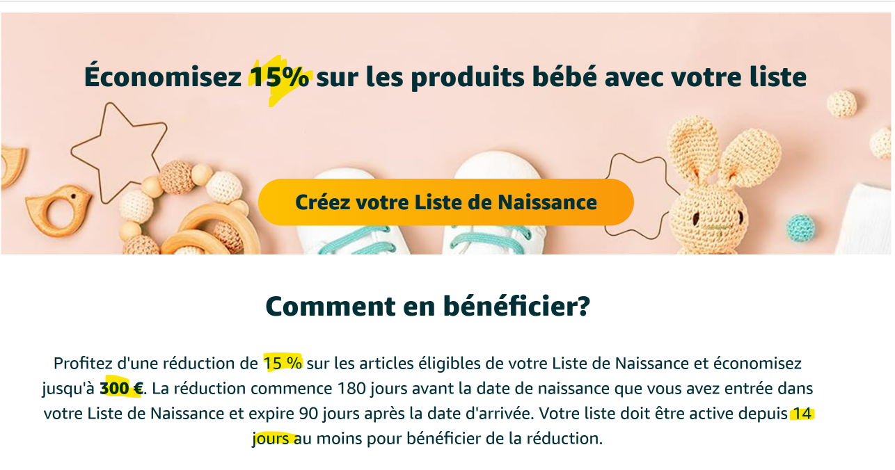 Conditions de la réduction de 15 % sur la liste de naissance Amazon, avec le délai d'activation de 14 jours