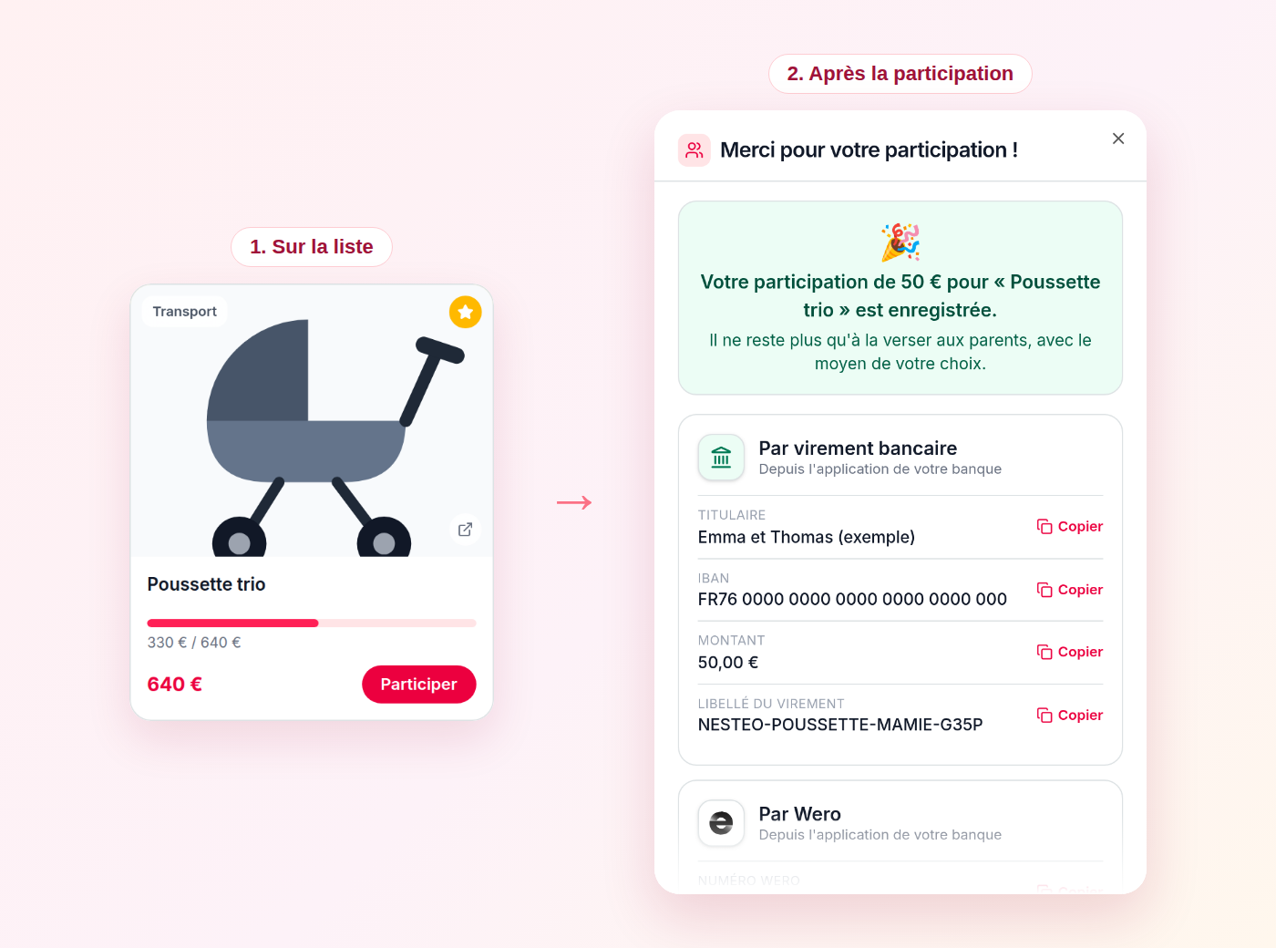 Interface Nesteo : sur la liste, un cadeau à plusieurs avec sa barre de progression, puis l'écran qui affiche les coordonnées des parents et la référence à indiquer après une participation