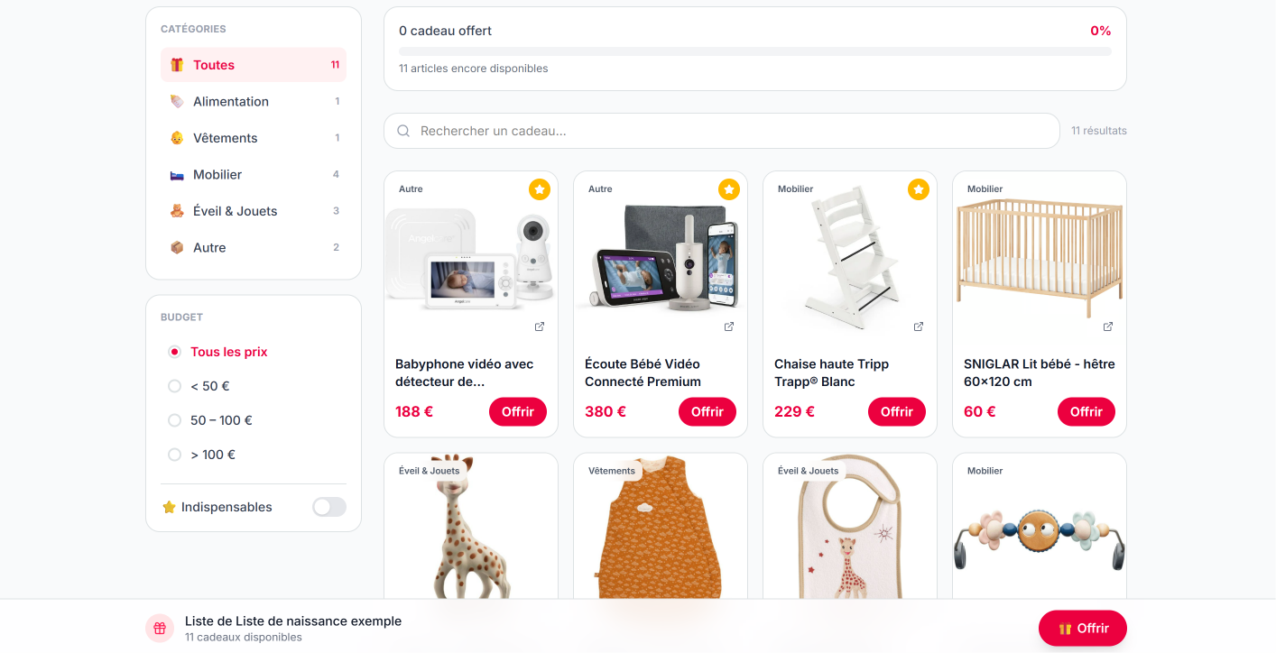 Interface Nesteo montrant une liste de naissance multi-enseignes avec des produits ajoutés depuis plusieurs boutiques